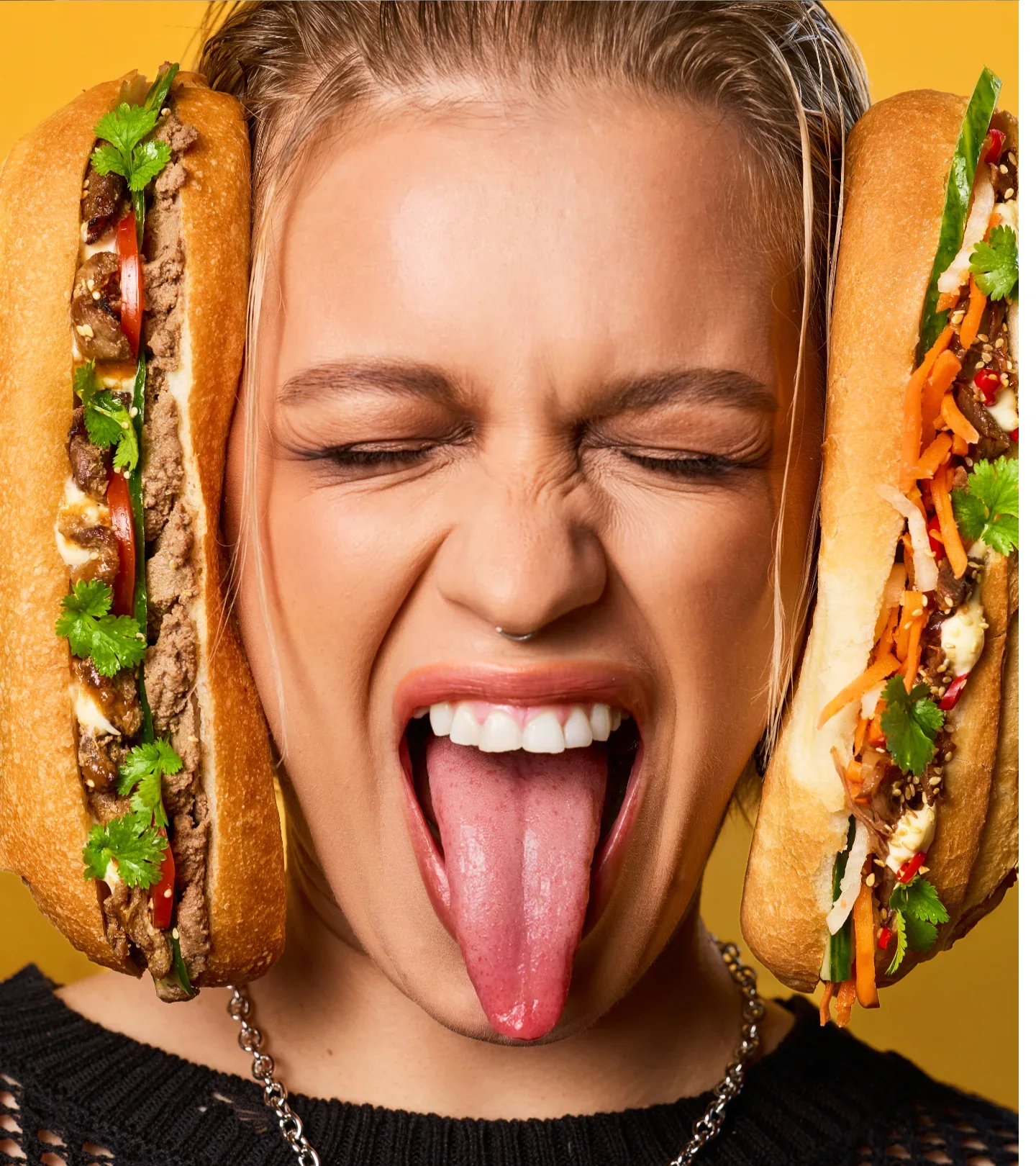 Girl between two baguettes