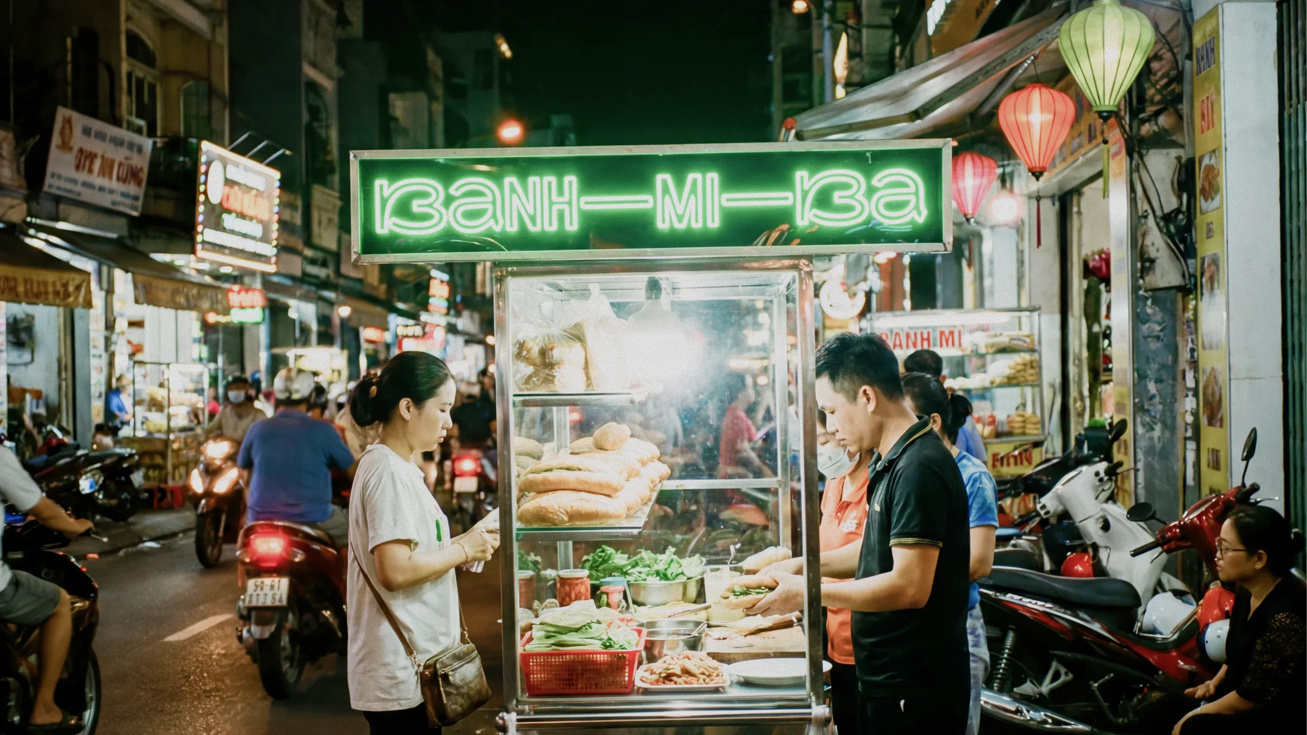 Banh–Mi–Ba street stall at night