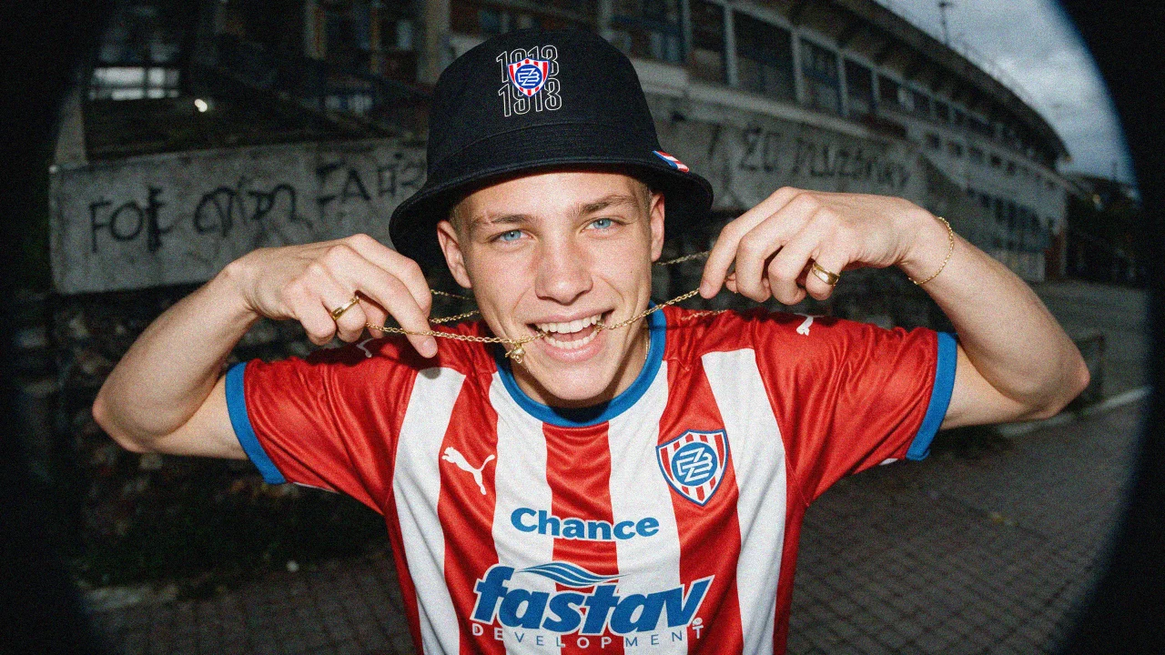 Fan in a Zbrojovka kit and bucket hat outside the stadium