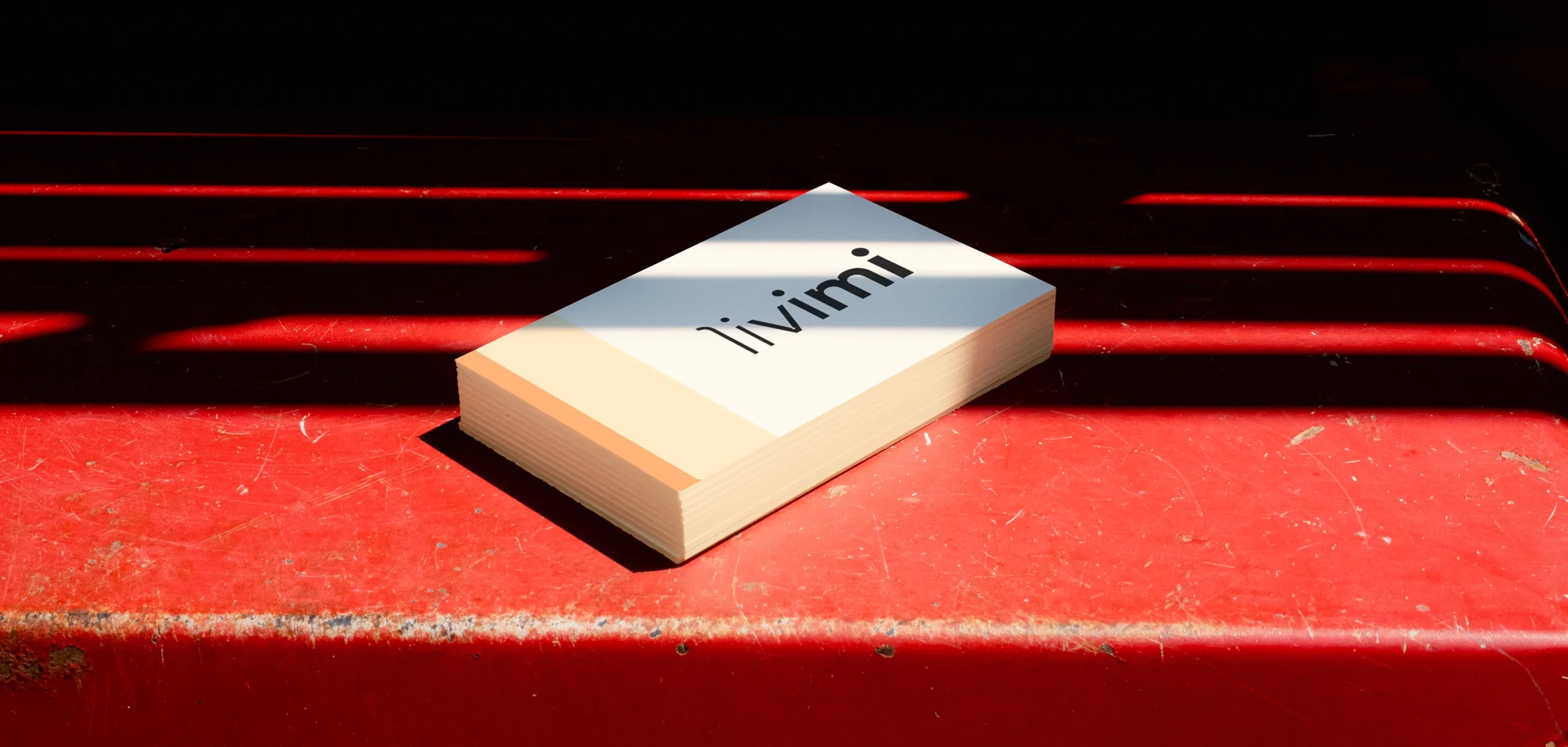 Livimi business cards on a red bench