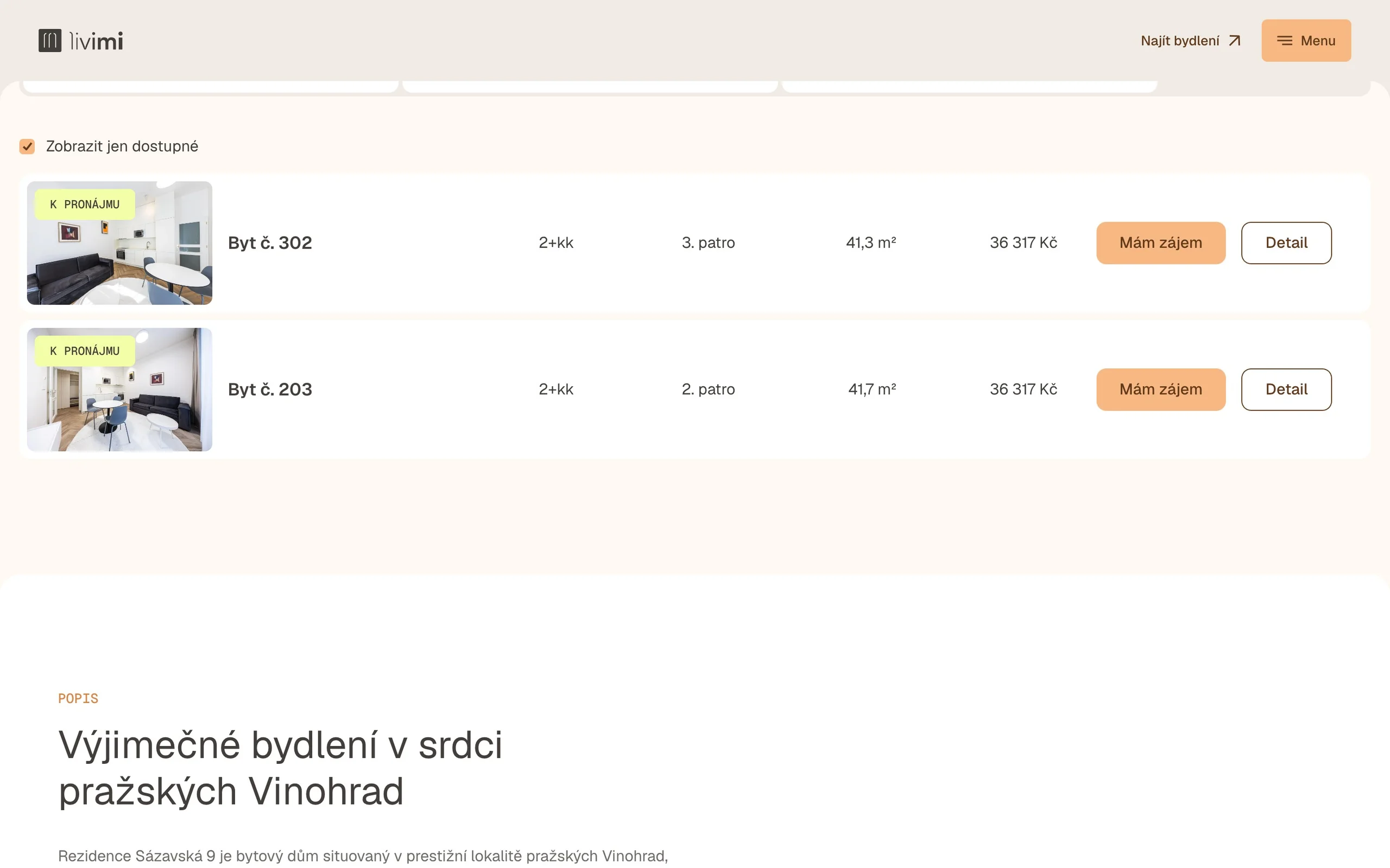 Livimi website — residence detail with neighbourhood map