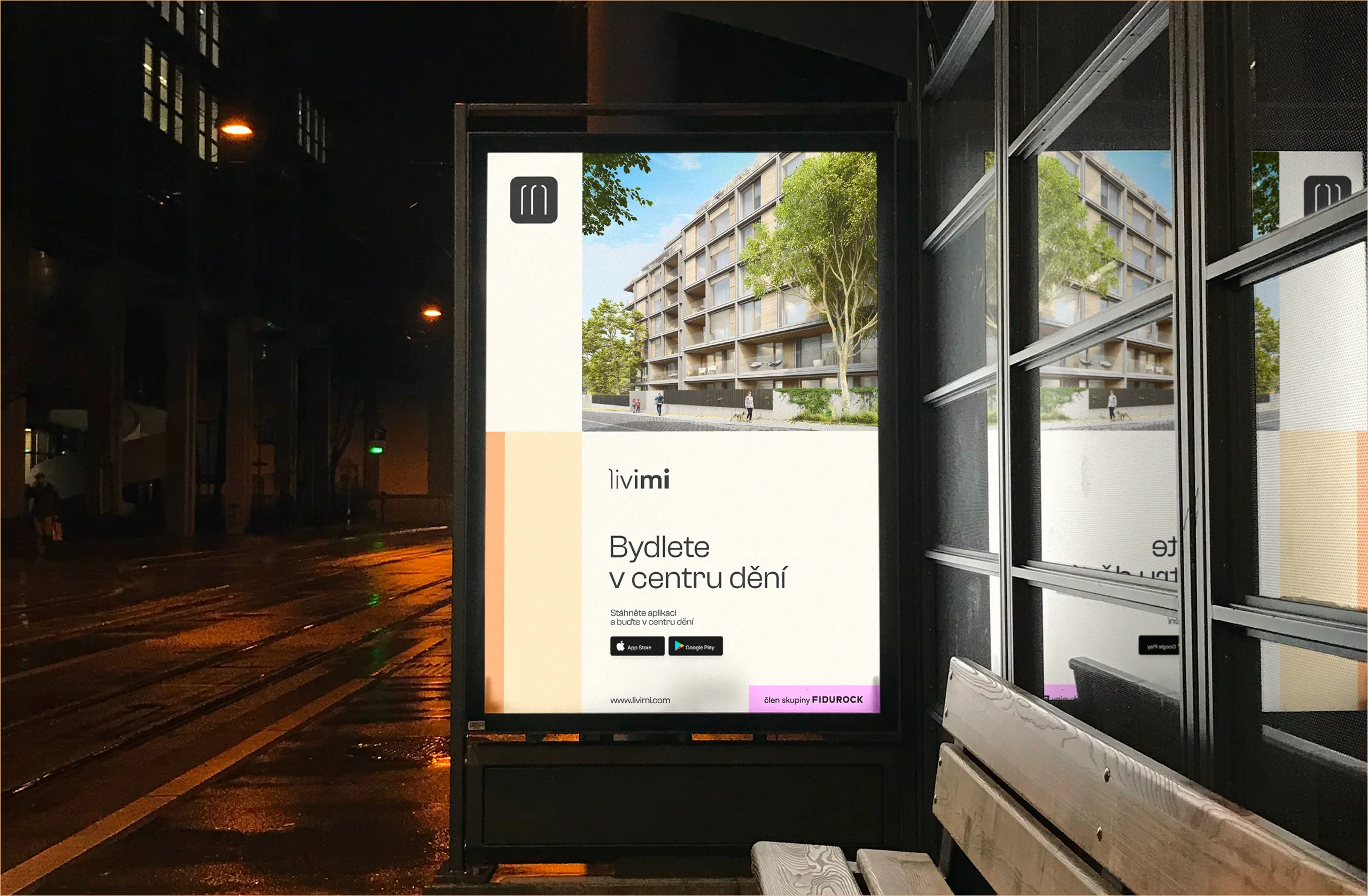 Livimi poster at a bus stop at night