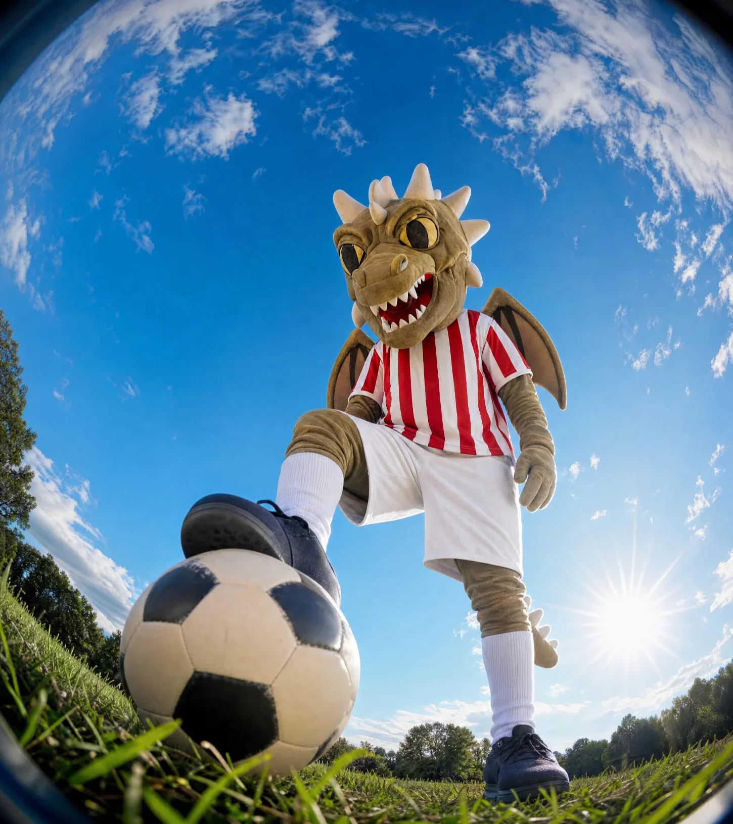 Lužan the mascot with a ball on the pitch
