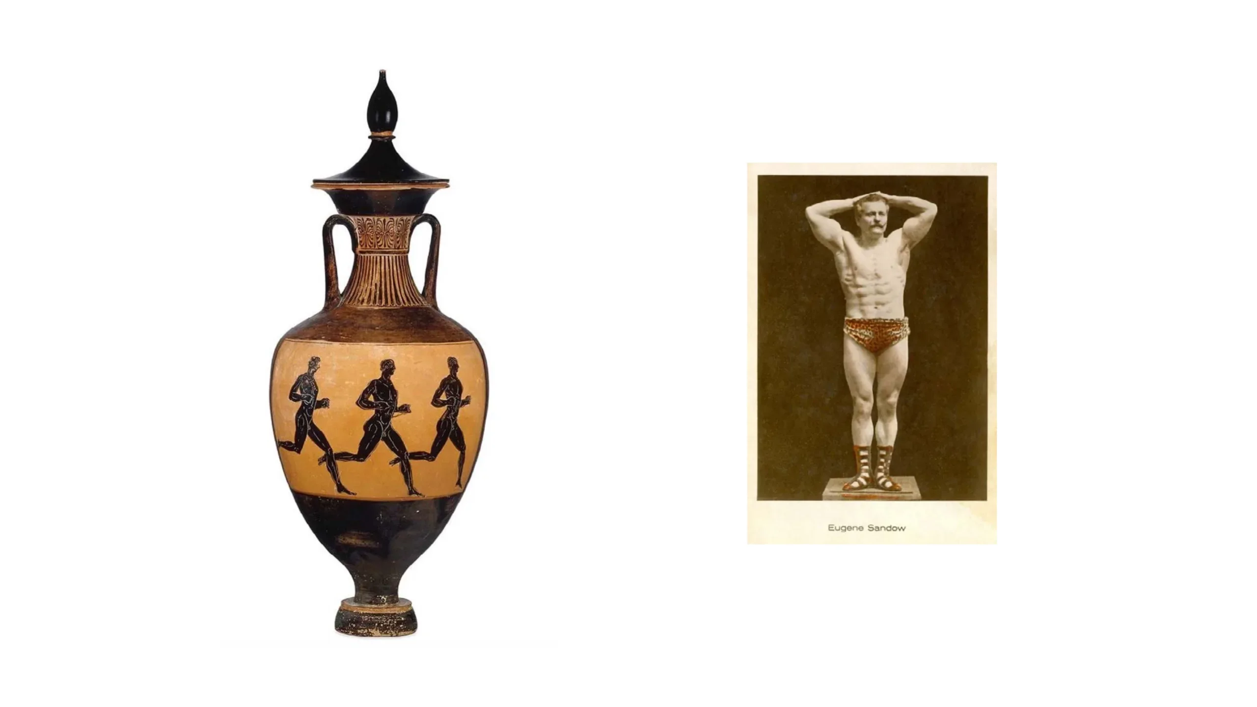 References: antique vase with runners and a vintage strongman