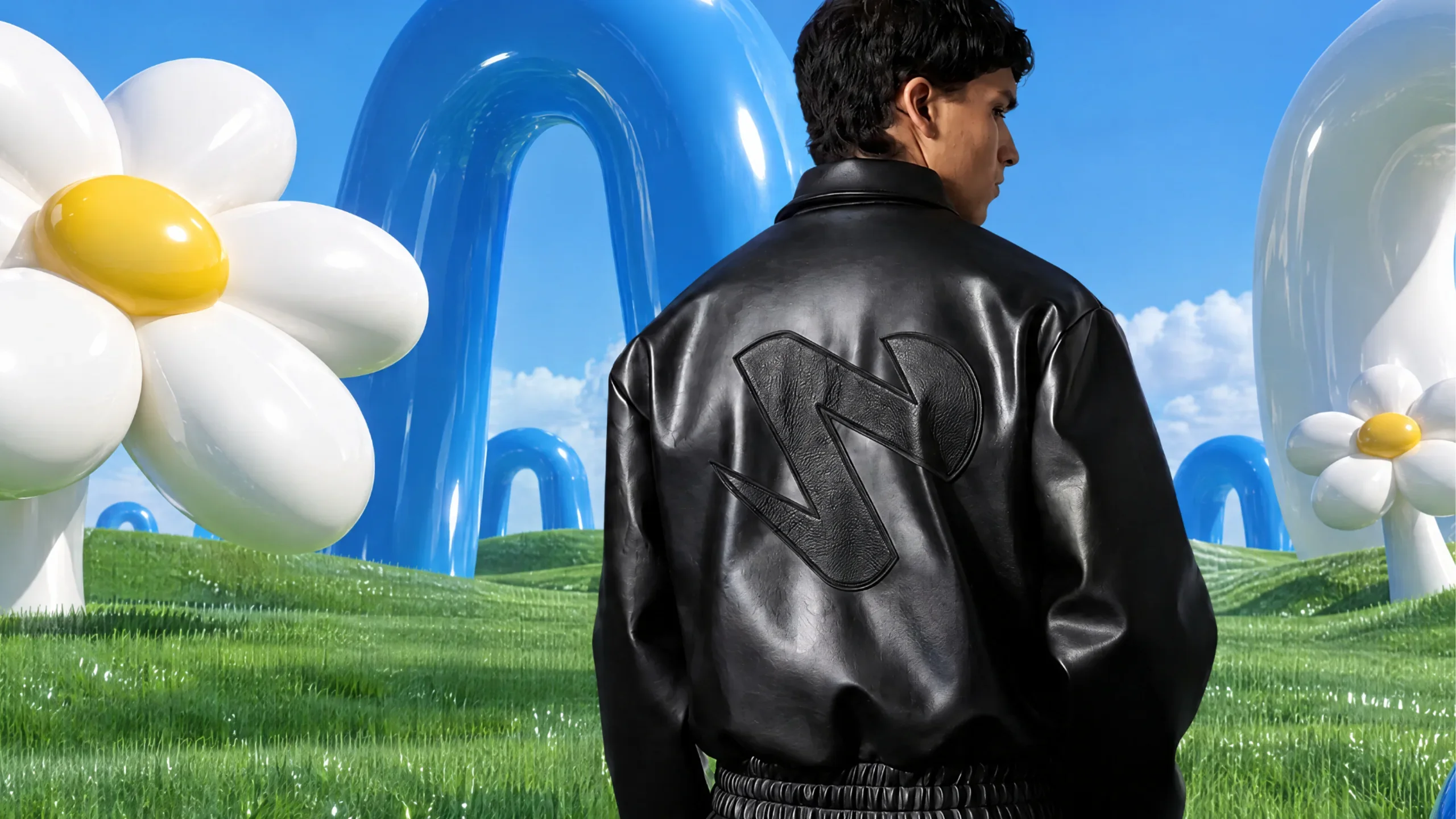 Man in a leather jacket with the WLF mark among inflatable flowers